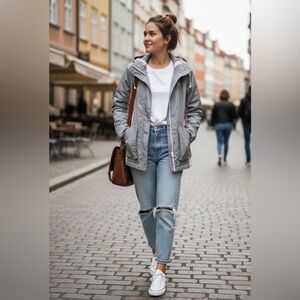 Hollister All Weather Hooded Windbreaker Jacket Size M Gray Pink